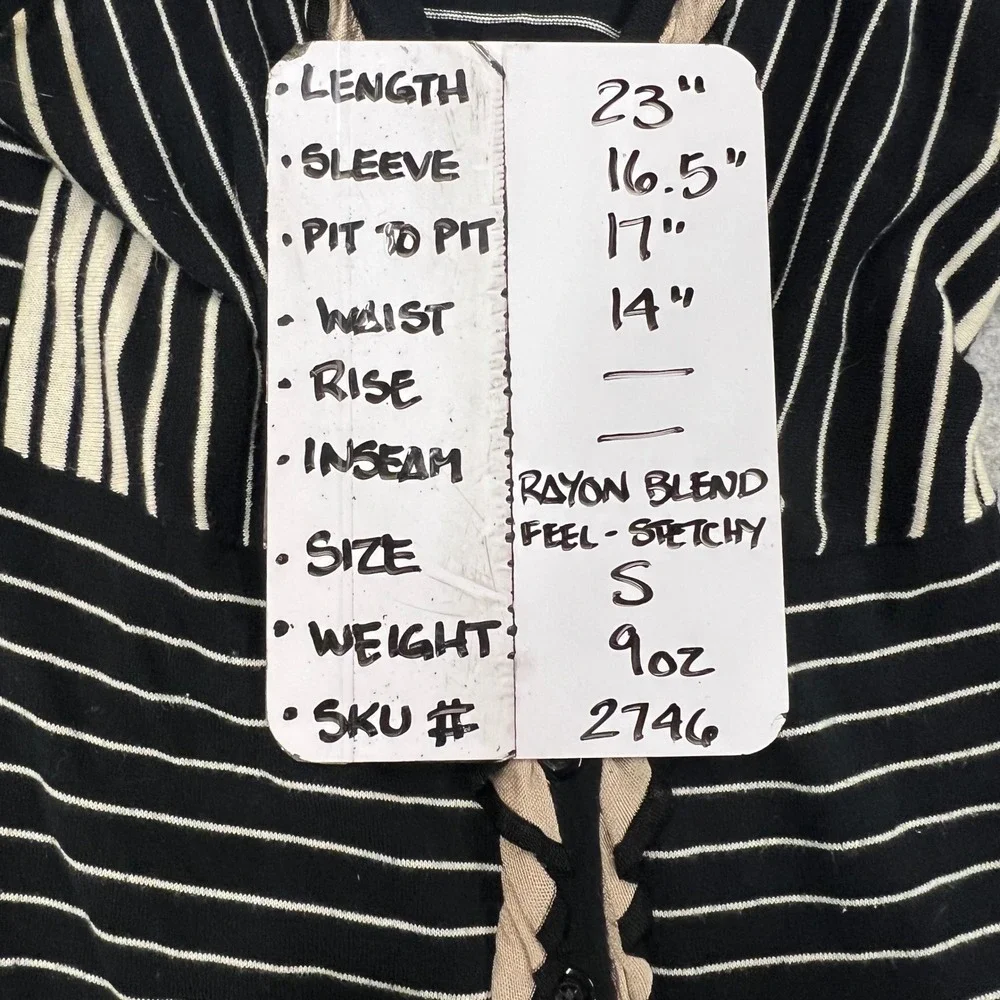 CAbi Flirt Striped Ruffle Cardigan Sweater Womens Small Black Cream 3/4 Sleeve